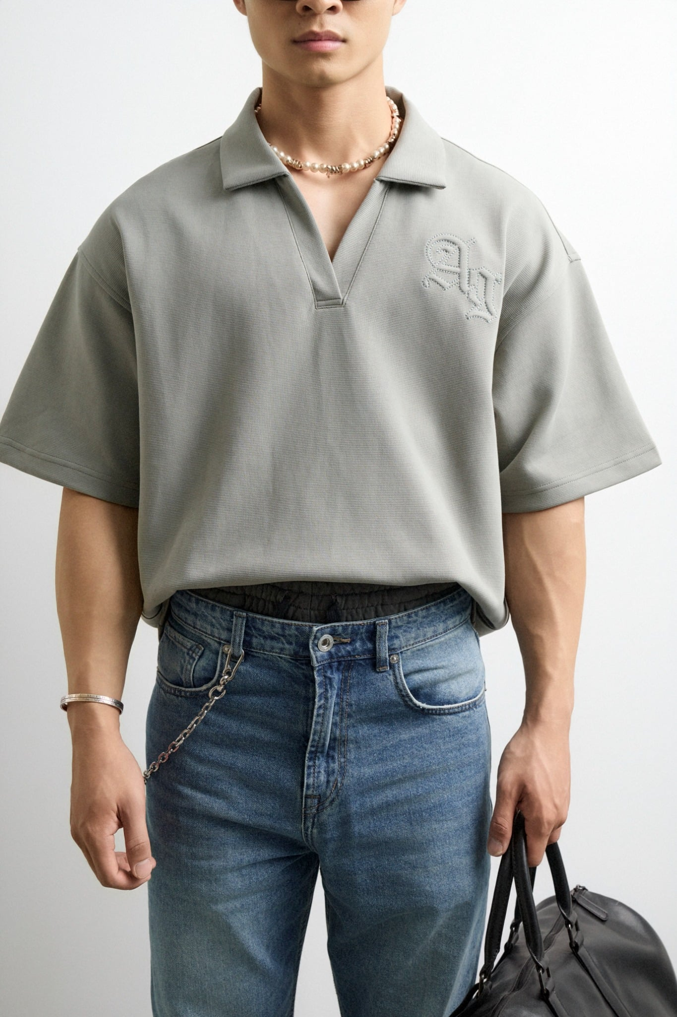  POLO NAM FORM RỘNG TT20- CỔ V XANH ĐẬU 