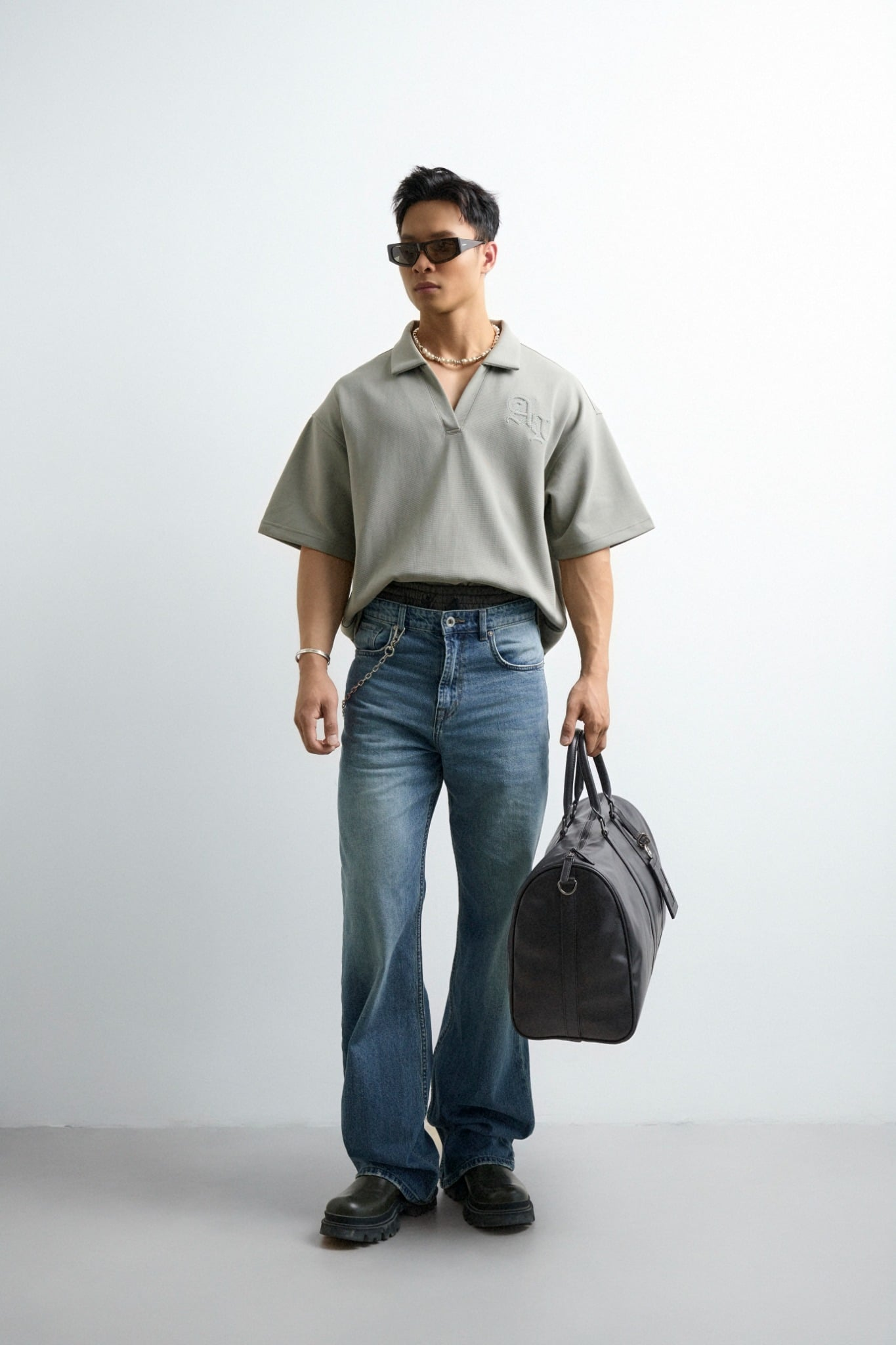  POLO NAM FORM RỘNG TT20- CỔ V XANH ĐẬU 