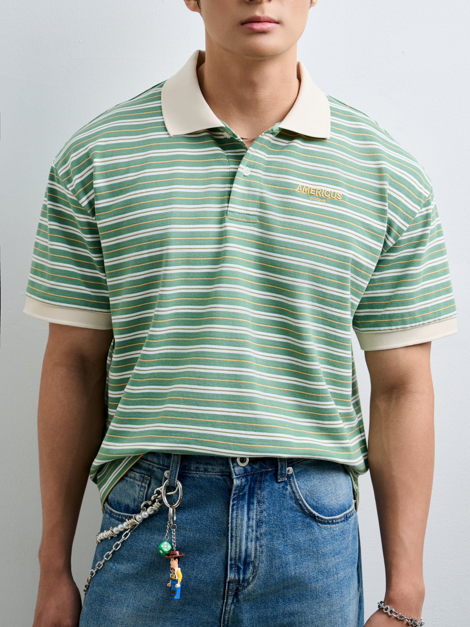  POLO NAM FORM RỘNG TT21- SỌC XANH LÁ KEM 