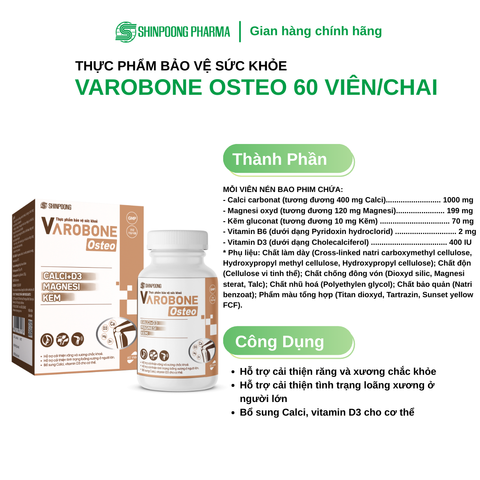  TPBVSK VAROBONE OSTEO - Hỗ Trợ Tăng Cường Calci Cho Xương - 60 Viên 