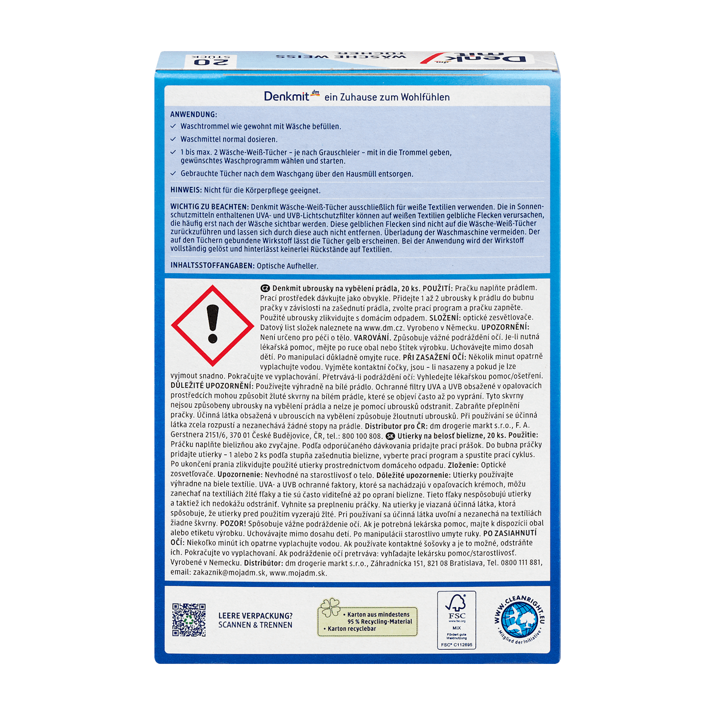  Giấy Giặt Trắng Quần Áo Denkmit – Hộp 20 Miếng 