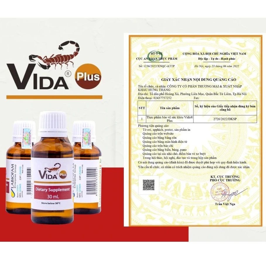  Nọc Bọ Cạp Xanh Vida Plus Cuba Giúp Nâng Cao Thể Trạng, Hỗ Trợ Giảm Đau Cho Người Bệnh Ung Bướu 30ml 