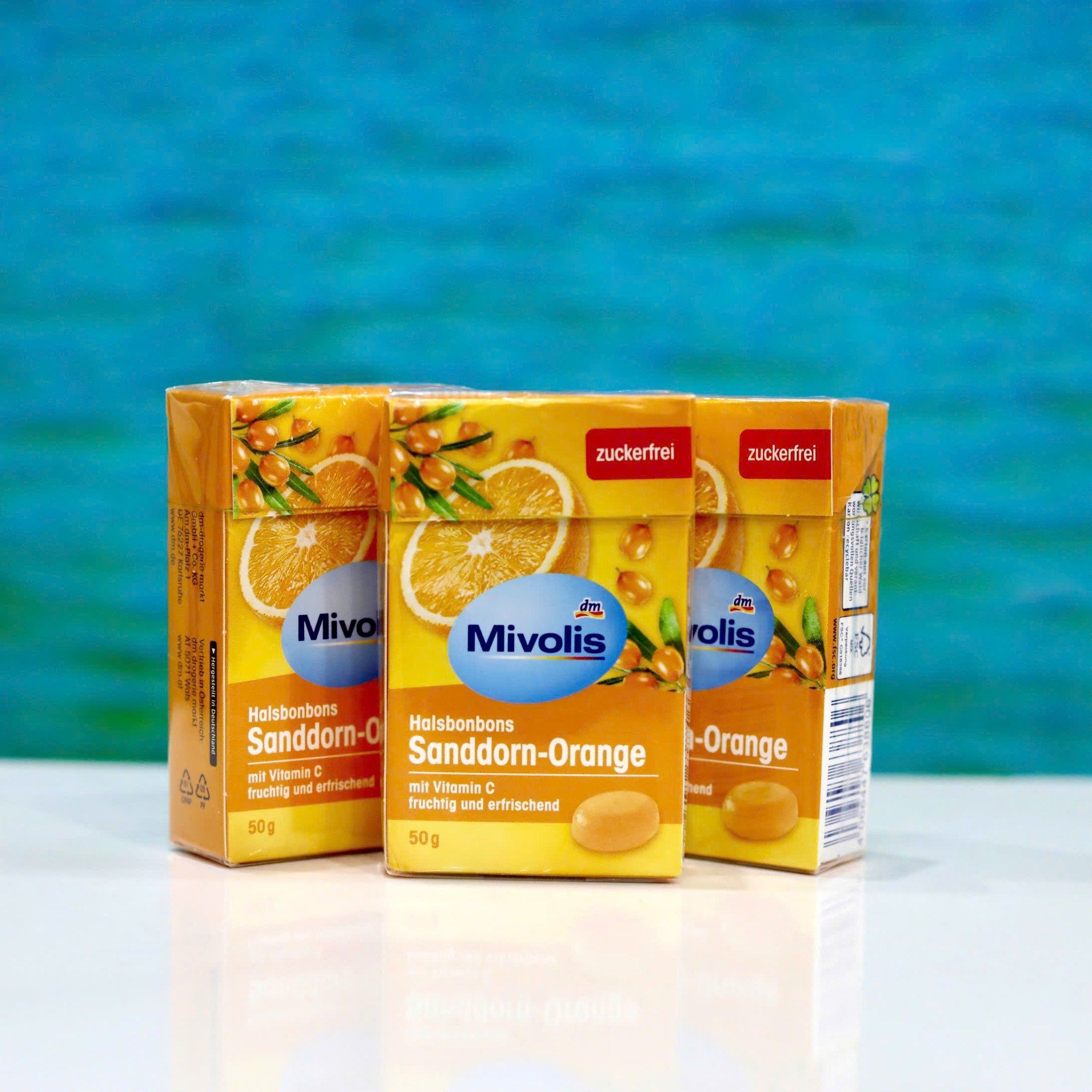  Kẹo ngậm ho Mivolis vị quả hắc mai biển & cam không đường – Hộp 50g 