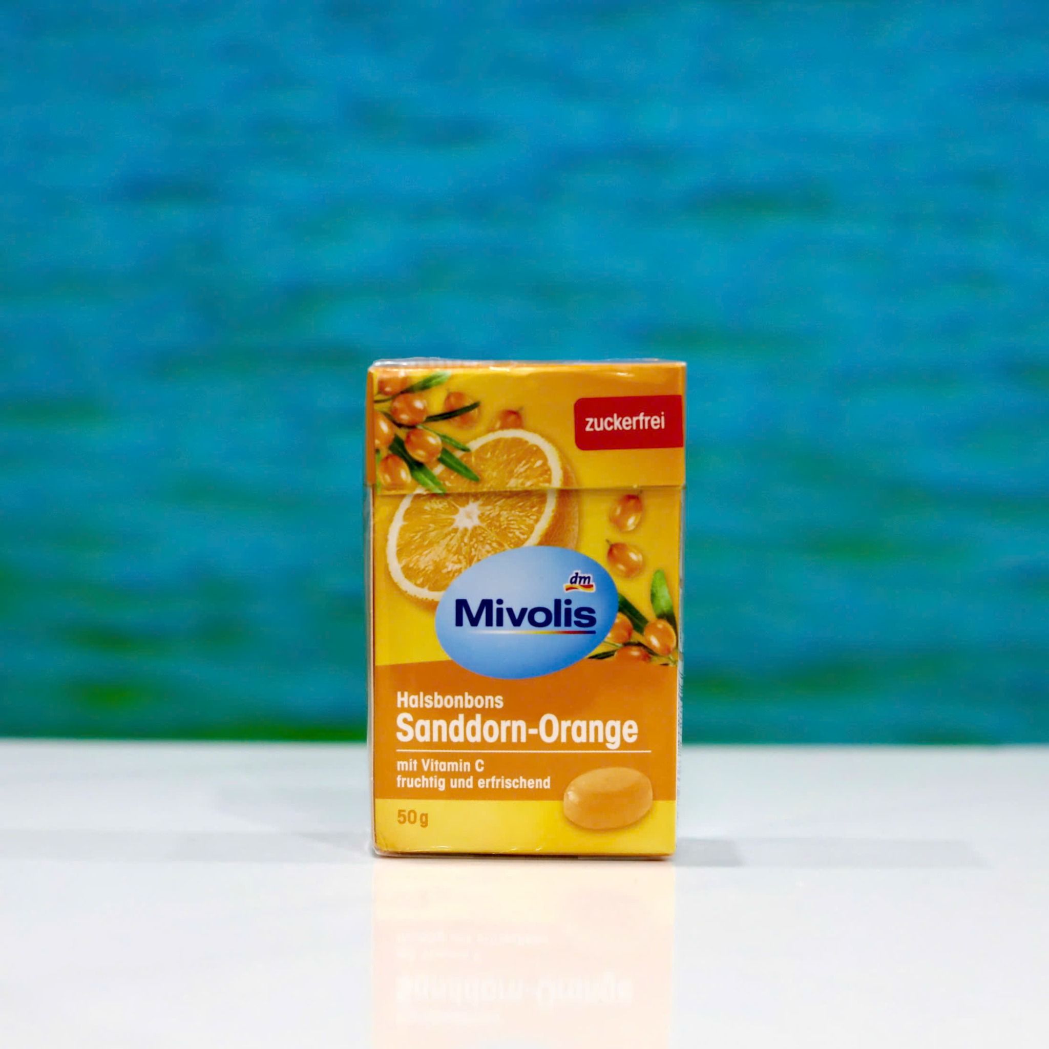  Kẹo ngậm ho Mivolis vị quả hắc mai biển & cam không đường – Hộp 50g 