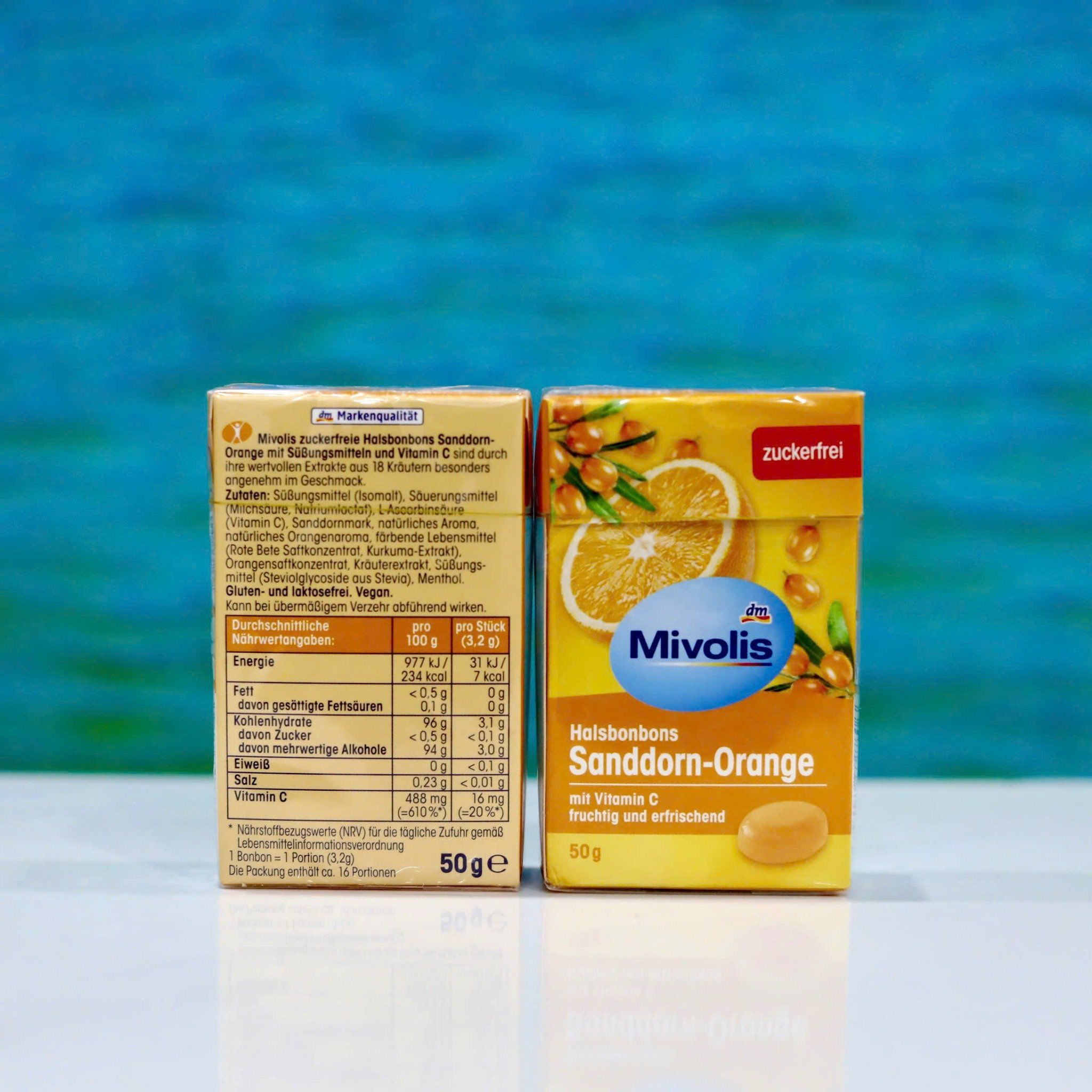  Kẹo ngậm ho Mivolis vị quả hắc mai biển & cam không đường – Hộp 50g 