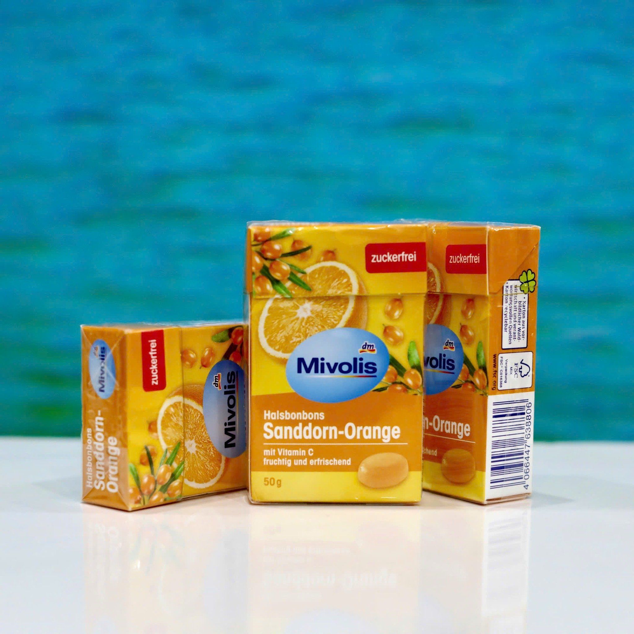  Kẹo ngậm ho Mivolis vị quả hắc mai biển & cam không đường – Hộp 50g 