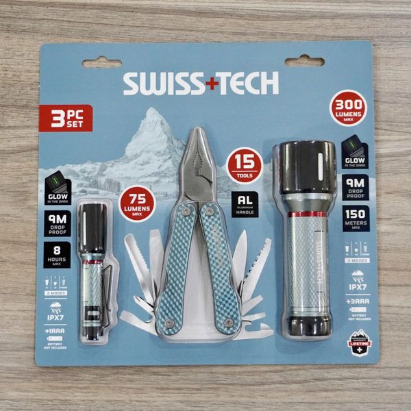 Bộ dụng cụ cao cấp Kìm Đa Năng 17 chức năng và 2 Đèn pin led cao cấp SWISS+TECH ST001256