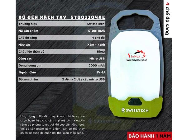 Bộ đèn xách tay dùng trong cắm trại dùng pin sạc Swiss+Tech ST001104AE