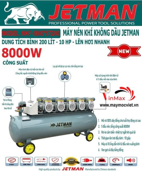 Máy nén khí không dầu Jetman 10Hp 200L NKF-1600x5T200