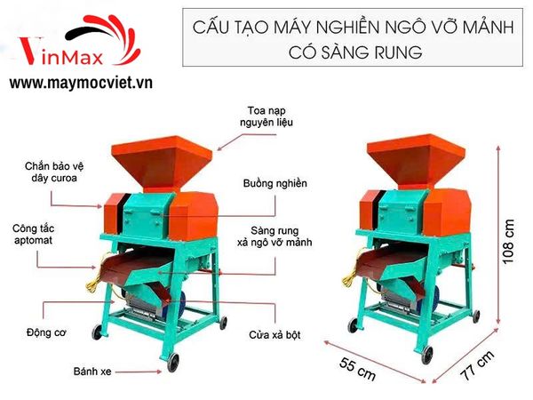 Máy Nghiền Ngô Vỡ Mảnh Có Sàng Rung 1 Pha Turbo TBN700R