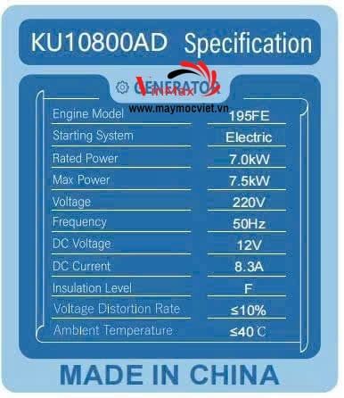 Máy Phát Điện Chạy Dầu Diesel 7.5KW Kujoyo KU10800AD Đề Điện