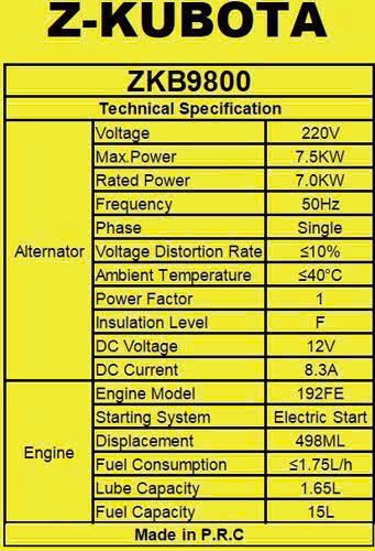 Máy phát điện chạy dầu Zkubota ZKB9800 công suất 7.5kW