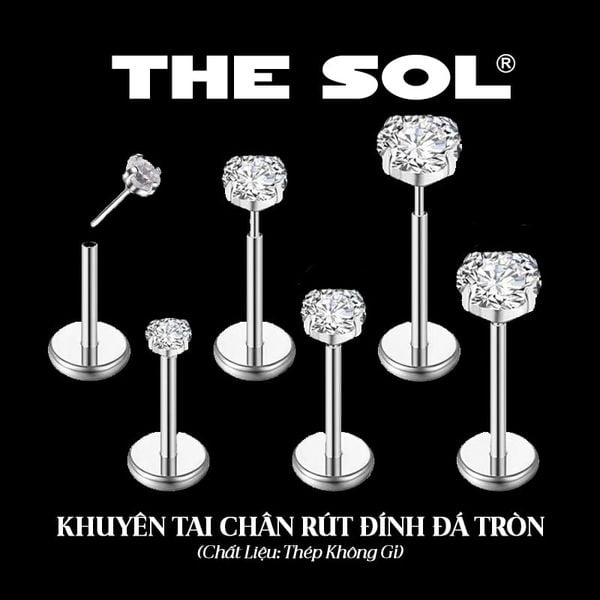  Khuyên Tai Thép Không Gỉ Chân Rút Đính Đá - Tròn 