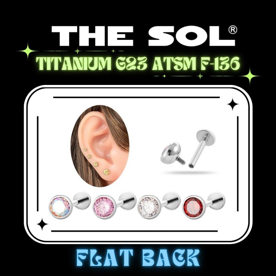  Khuyên Tai TITANIUM G23 ATSM F-136 FLATBACK Đính Đá Tròn 