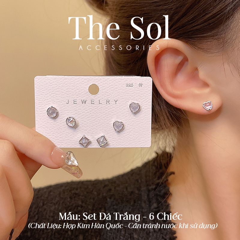  Set Bông Tai Hàn Quốc Đá Trắng - 6 Chiếc 