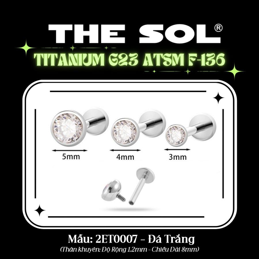  Khuyên Tai TITANIUM G23 ATSM F-136 FLATBACK Đính Đá Tròn 