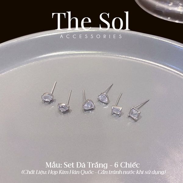  Set Bông Tai Hàn Quốc Đá Trắng - 6 Chiếc 