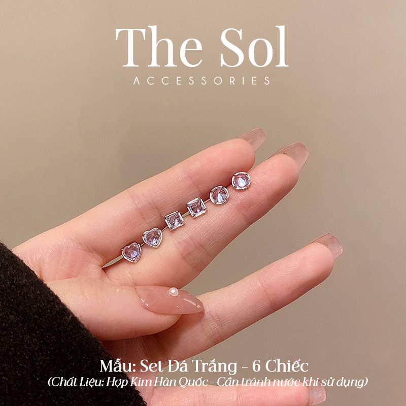  Set Bông Tai Hàn Quốc Đá Trắng - 6 Chiếc 