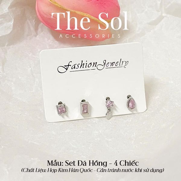  Set Bông Tai Hàn Quốc Đá Hồng - 4 Chiếc 