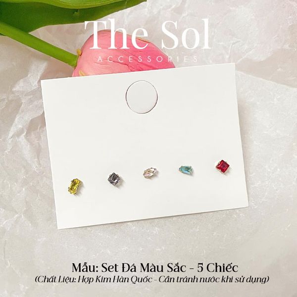  Set Bông Tai Hàn Quốc Đá Màu Sắc - 5 Chiếc 
