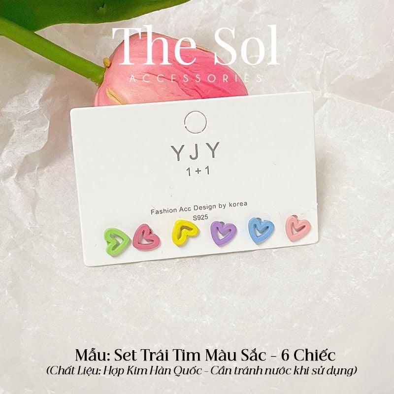  Set Bông Tai Hàn Quốc Trái Tim Màu Sắc - 6 Chiếc 