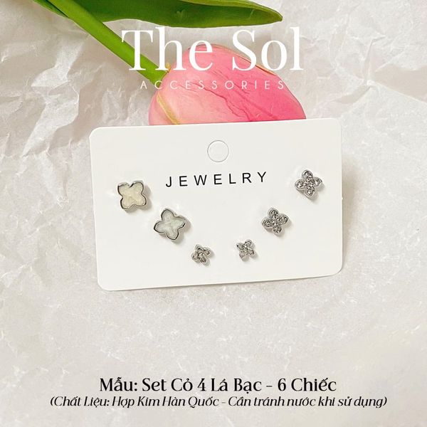  Set Bông Tai Hàn Quốc Cỏ 4 Lá - 6 Chiếc 