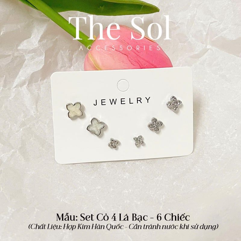  Set Bông Tai Hàn Quốc Cỏ 4 Lá - 6 Chiếc 