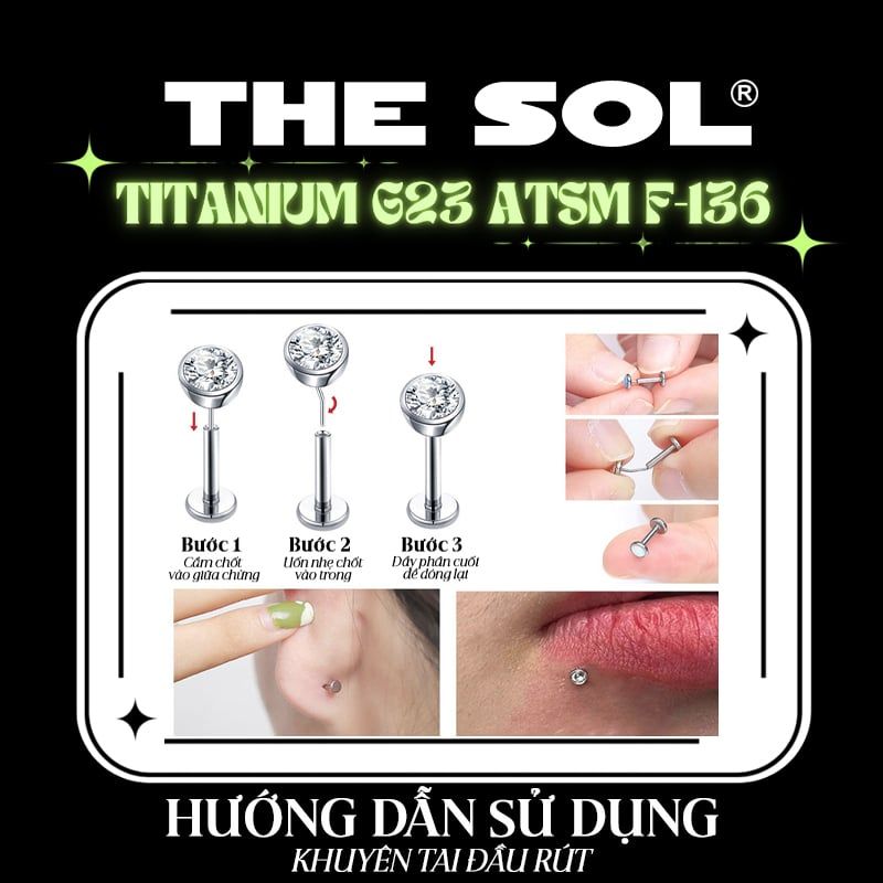  Khuyên Tai TITANIUM G23 ATSM F-136 PLUG-IN Đính Đá Tròn 