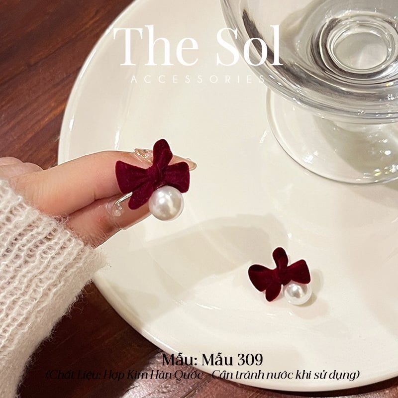  Bông Tai Hàn Quốc Velvet Bow Pearl - Mẫu 309 