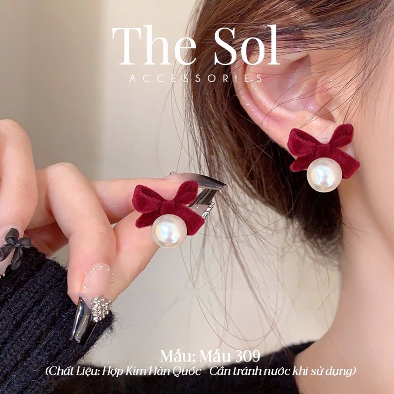  Bông Tai Hàn Quốc Velvet Bow Pearl - Mẫu 309 
