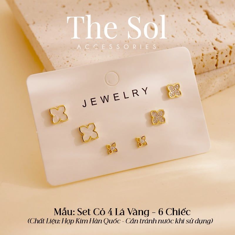  Set Bông Tai Hàn Quốc Cỏ 4 Lá - 6 Chiếc 