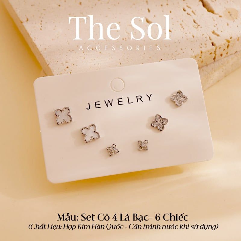  Set Bông Tai Hàn Quốc Cỏ 4 Lá - 6 Chiếc 