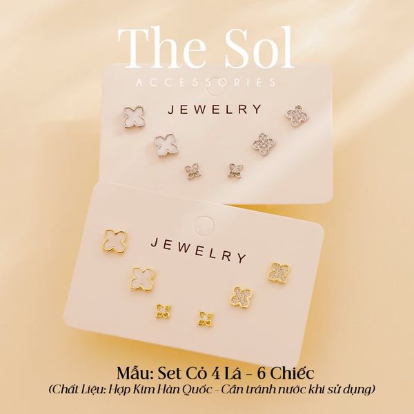  Set Bông Tai Hàn Quốc Cỏ 4 Lá - 6 Chiếc 