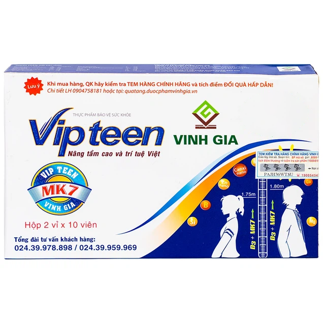 Viên uống Vipteen Vinh Gia bổ sung canxi và dưỡng chất hỗ trợ phát triển chiều cao (2 vỉ x 10 viên)