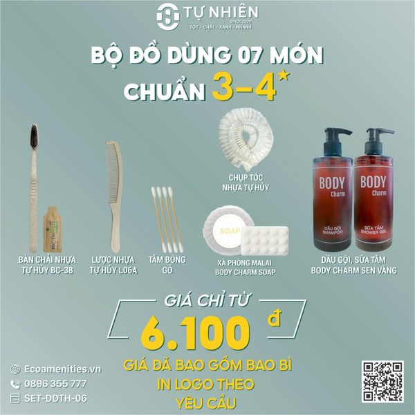 Bộ Amenities 7 món làm từ Nhựa sinh học tự hủy chuẩn 4 sao với giá 6100vnd