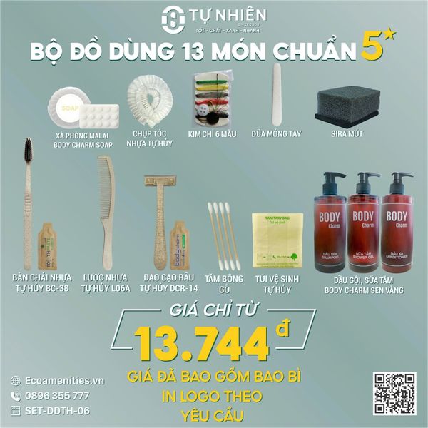 Bộ Amenities 13 món làm từ Nhựa sinh học tự hủy chuẩn 5 sao với giá 13744vnd