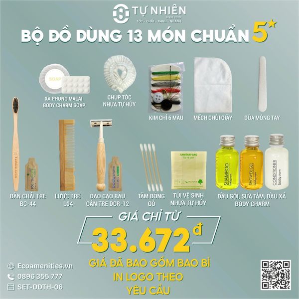 Bộ Amenities 13 món nguyên liệu tre với bao bì giấy tự hủy chỉ 33672vnd