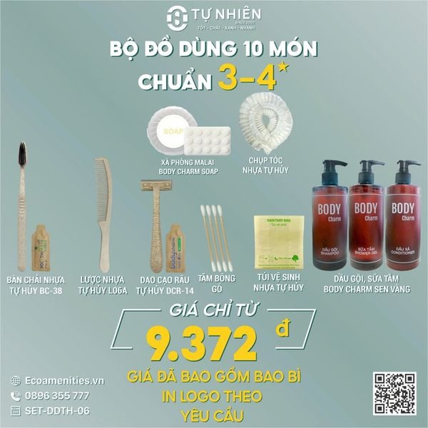 Bộ Amenities 10 món làm từ Nhựa sinh học tự hủy chuẩn 4 sao với giá 9372vnd