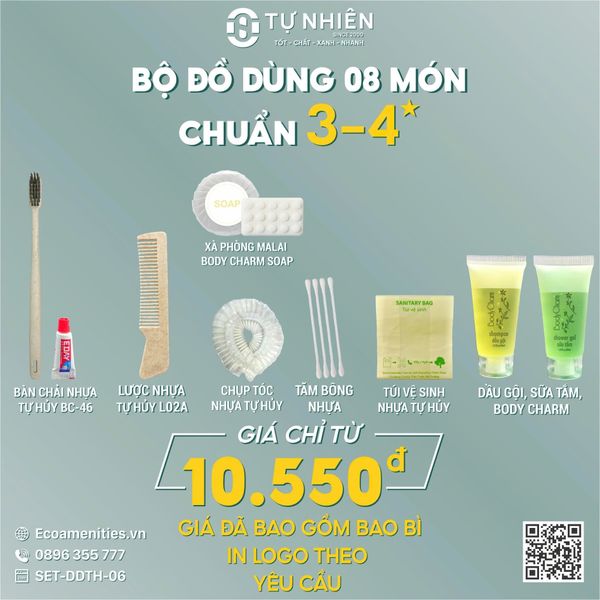 Bộ Amenities 8 món làm từ Nhựa sinh học tự hủy chuẩn 3-4 sao với giá 10550vnd