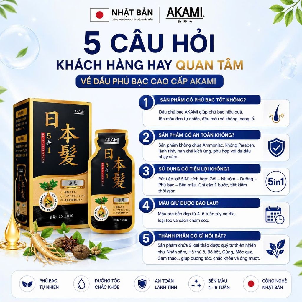 [1 Hộp 10 Gói Cao Cấp] Dầu gội phủ bạc cao cấp AKAMI 5in1 Nhật Bản 250ml, nhuộm tóc thảo dược X10 tự nhiên