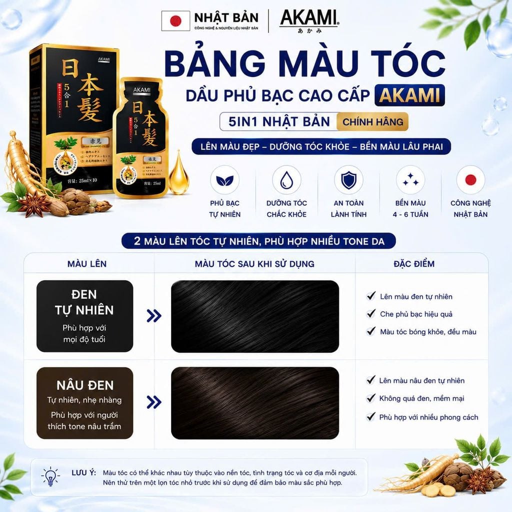 [1 Hộp 10 Gói Cao Cấp] Dầu gội phủ bạc cao cấp AKAMI 5in1 Nhật Bản 250ml, nhuộm tóc thảo dược X10 tự nhiên