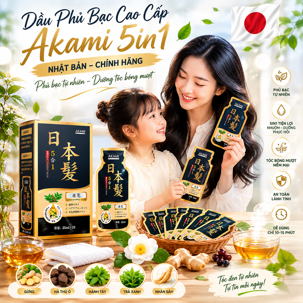 [ 1 Hộp 10 Gói Cao Cấp] Dầu gội phủ bạc cao cấp AKAMI 5in1 Nhật Bản, nhuộm tóc thảo dược X10 tự nhiên