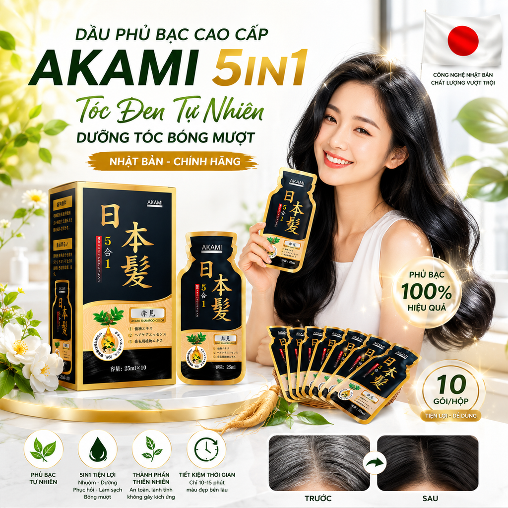 [ 1 Hộp 10 Gói Cao Cấp] Dầu gội phủ bạc cao cấp AKAMI 5in1 Nhật Bản, nhuộm tóc thảo dược X10 tự nhiên