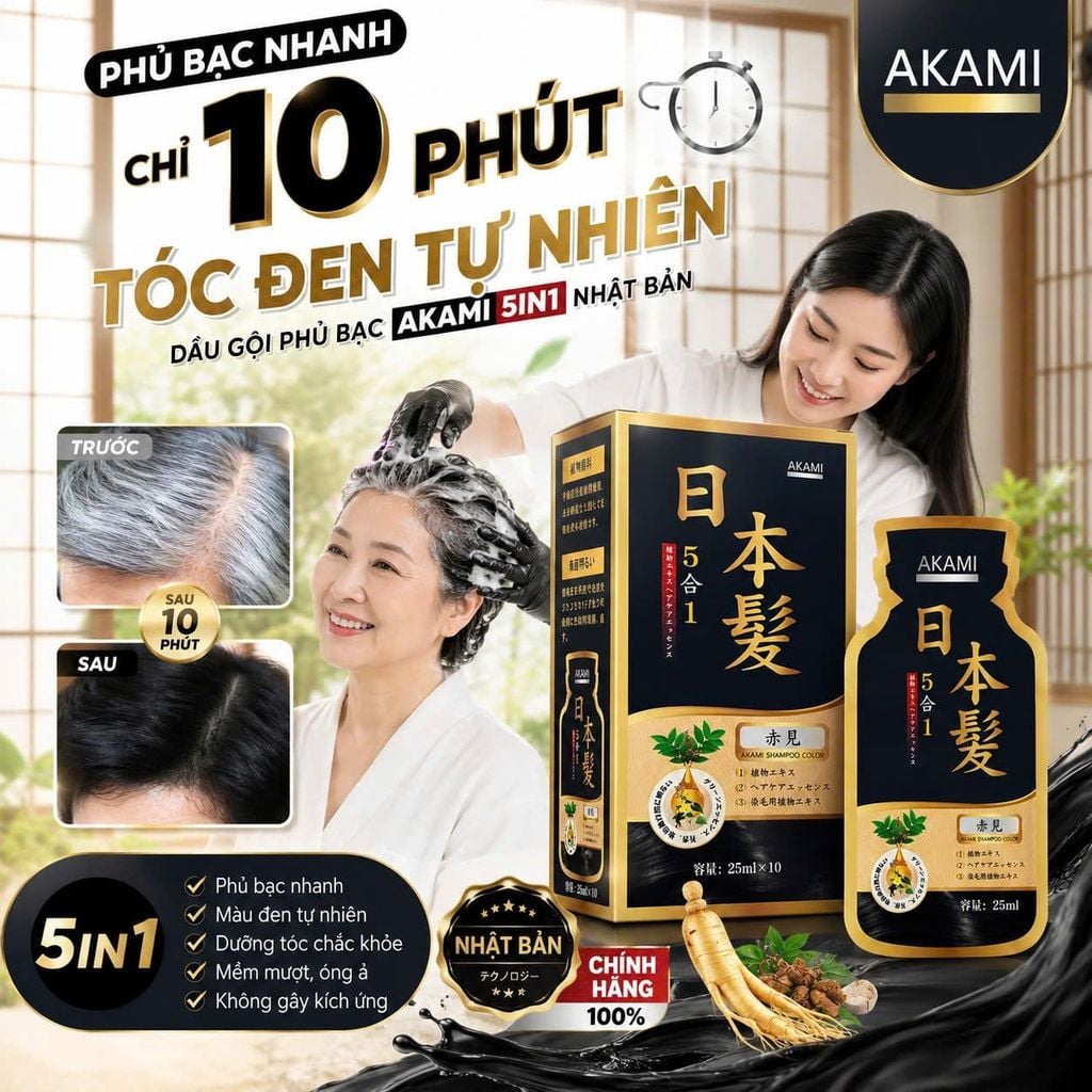 [ 1 Hộp 10 Gói Cao Cấp] Dầu gội phủ bạc cao cấp AKAMI 5in1 Nhật Bản, nhuộm tóc thảo dược X10 tự nhiên