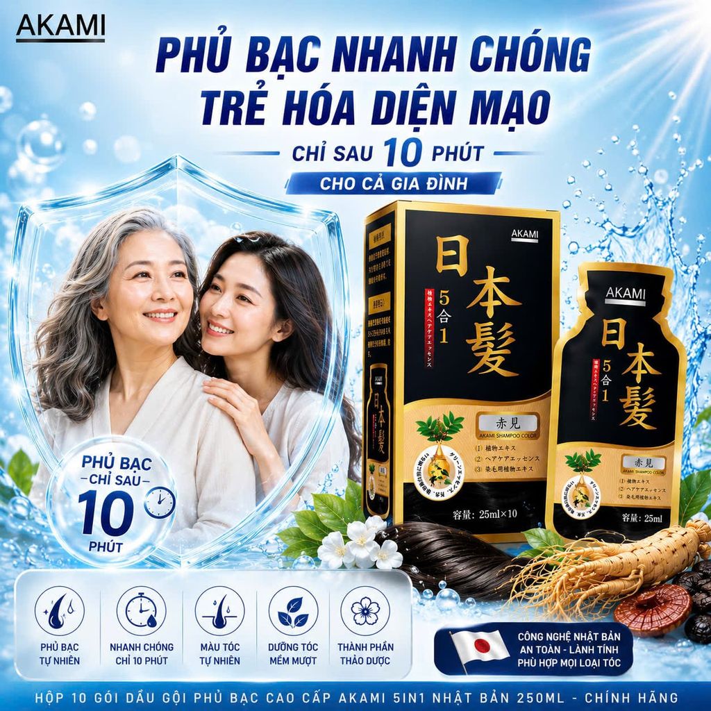 [ 1 Hộp 10 Gói Cao Cấp] Dầu gội phủ bạc cao cấp AKAMI 5in1 Nhật Bản, nhuộm tóc thảo dược X10 tự nhiên
