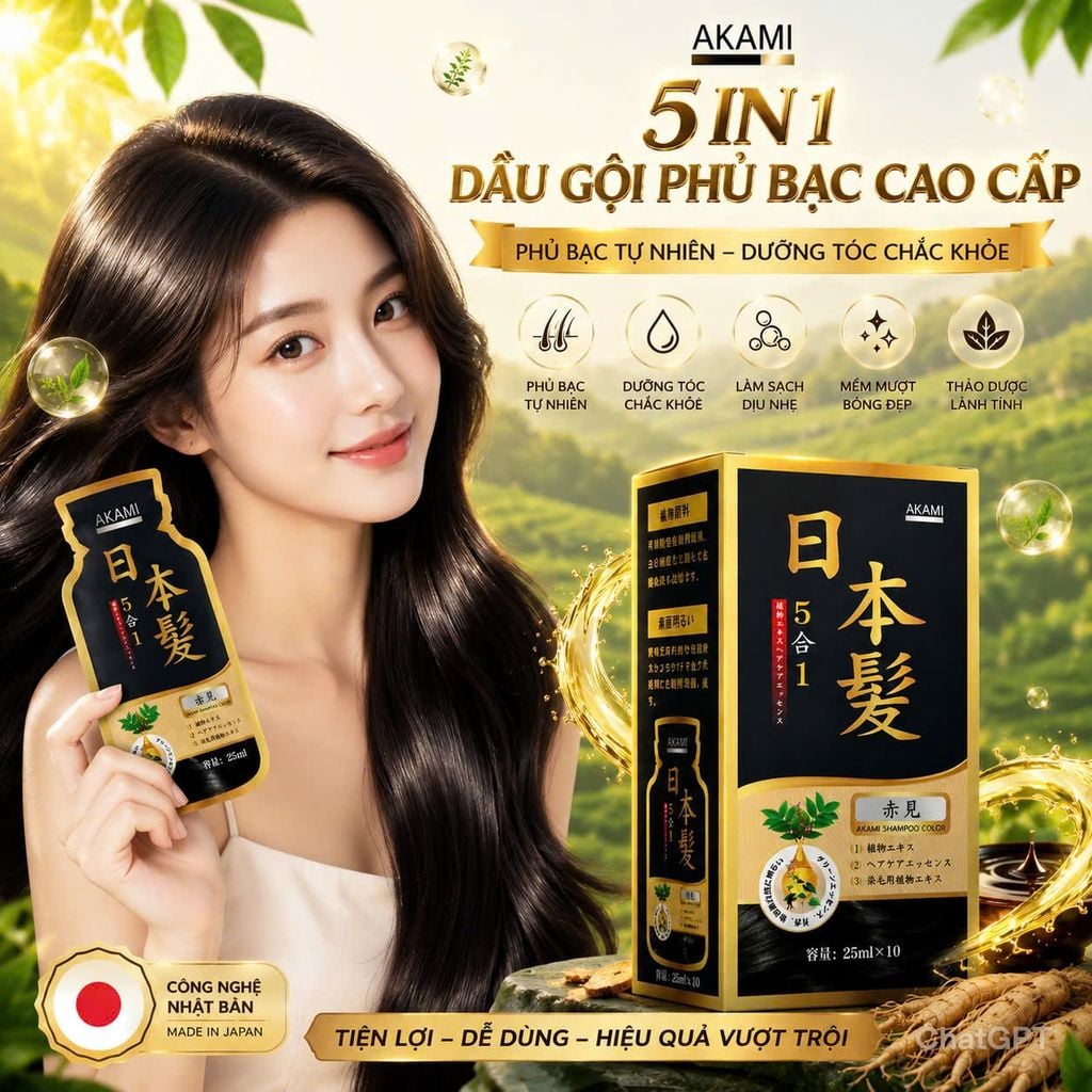 [ 1 Hộp 10 Gói Cao Cấp] Dầu gội phủ bạc cao cấp AKAMI 5in1 Nhật Bản, nhuộm tóc thảo dược X10 tự nhiên