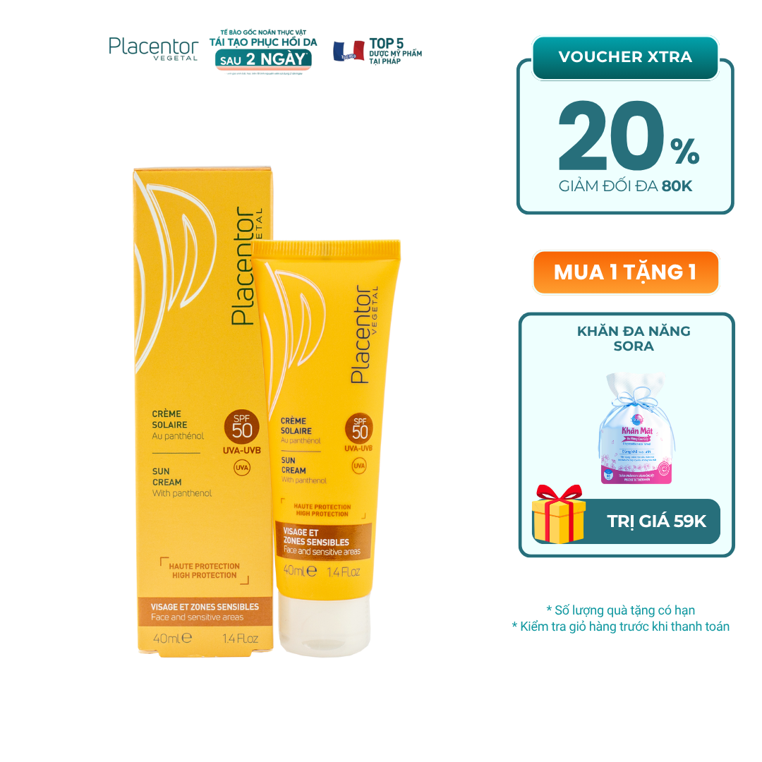 Kem Chống Nắng Khoáng Chất SPF 50 Cho Cả Da Nhạy Cảm Placentor Sun Cream SPF50, UVA- UVB Face and Sensitive areas