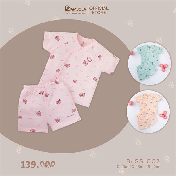 Bộ cài chéo cộc tay Bambola B4SS1CC2-13 hoạ tiết hồng size 0-3M