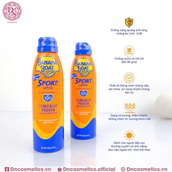 XỊT CHỐNG NẮNG THỂ THAO BANANA BOAT SPORT ULTRA SUNCREEN CONTINUOUS SPRAY SPF 100 PA ++++ 170G