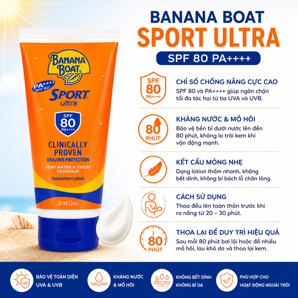 KEM CHỐNG NẮNG THỂ THAO BANANA BOAT SUNSCREEN LOTION SPF80 90ML